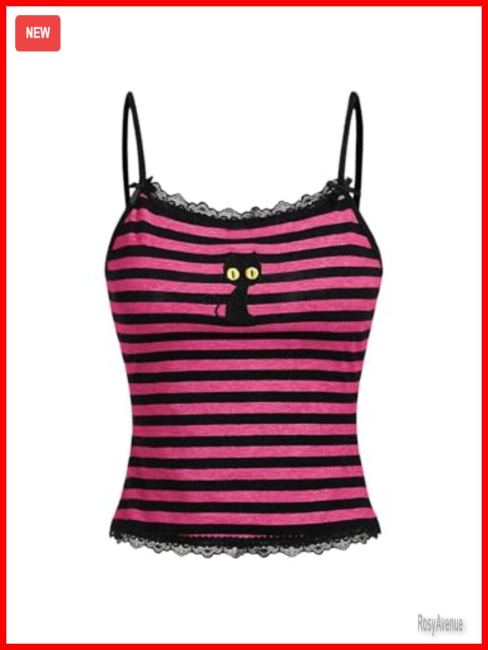 Y2K Lace Striped Cami Crop Top Cat Embroidery Gothic Grunge Spaghetti Strap